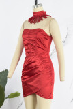 Red Sexy Solid Tassel Hollowed Out Strapless Wrapped Skirt Dresses