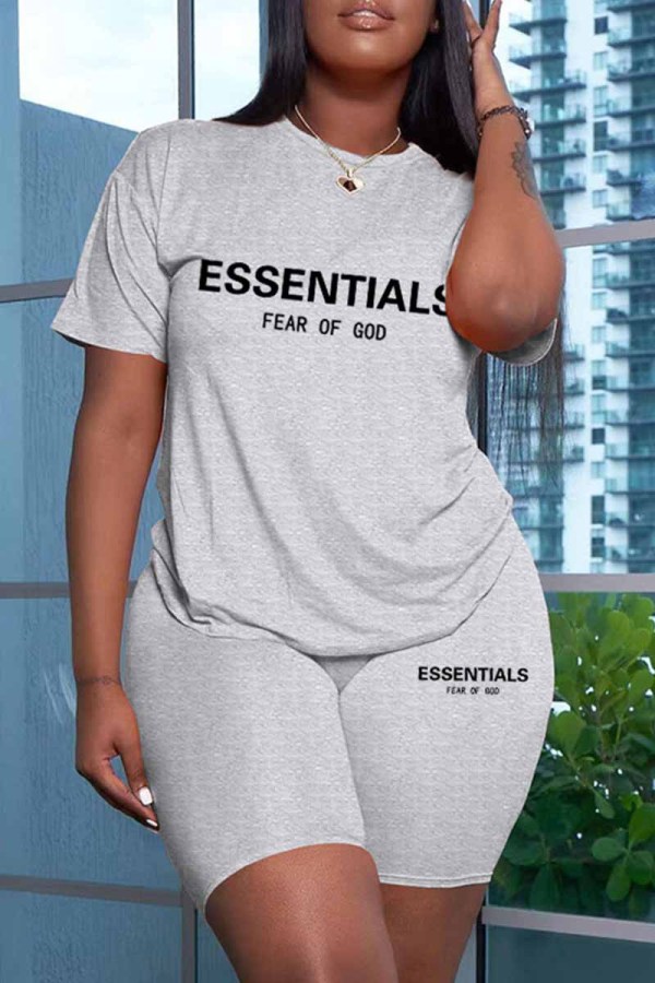 Grey Casual Print Letter O Neck Short Sleeve Two Pieces
