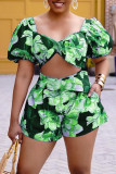 Green Fashion Casual Print Basic Square Collar Short Sleeve Two Pieces
