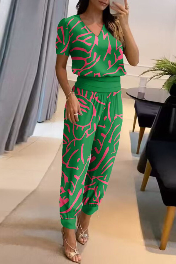 Green Casual Print Patchwork V Neck Short Sleeve Two Pieces