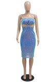 Blue Sexy Patchwork Hollowed Out Backless Strapless Sleeveless Dress Dresses