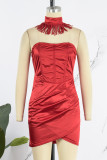 Red Sexy Solid Tassel Hollowed Out Strapless Wrapped Skirt Dresses