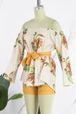 Apricot Casual Print Patchwork Off the Shoulder Three Quarter Two Pieces