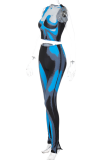 Blue Sexy Print Patchwork O Neck Sleeveless Two Pieces