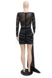 Black Sexy Patchwork Hot Drilling Hollowed Out See-through V Neck Wrapped Skirt Dresses