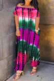 Yellow Fashion Casual Print Tie Dye Backless Off the Shoulder Regular Jumpsuits