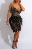 Pink Sexy Patchwork Hot Drilling See-through Feathers Backless Spaghetti Strap Sleeveless Dress Dresses