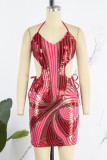 Red Sexy Patchwork Bandage Sequins Backless Halter Sleeveless Dress Dresses