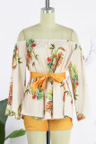 Light Apricot Casual Print Patchwork Off the Shoulder Three Quarter Two Pieces