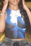 Blue Sexy Print Patchwork O Neck Sleeveless Two Pieces