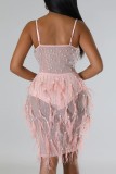 Pink Sexy Patchwork Hot Drilling See-through Feathers Backless Spaghetti Strap Sleeveless Dress Dresses