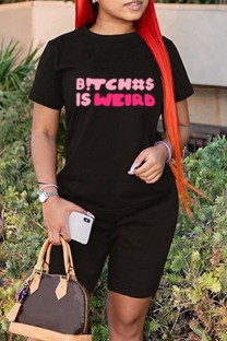 Black Letter Print Basic O Neck Short Sleeve Two Pieces
