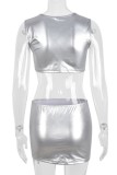 Silver Sexy Solid Patchwork V Neck Sleeveless Two Pieces