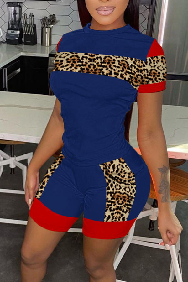 Blue Casual Print Patchwork O Neck Short Sleeve Two Pieces