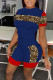 Blue Casual Print Patchwork O Neck Short Sleeve Two Pieces