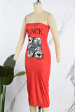 Red Sexy Print Patchwork Strapless Printed Dress Dresses