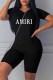 Black Street Print Letter V Neck Short Sleeve Two Pieces