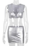 Silver Sexy Solid Patchwork V Neck Sleeveless Two Pieces