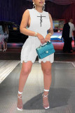 Light Blue Casual Print Tassel Patchwork O Neck Sleeveless Two Pieces