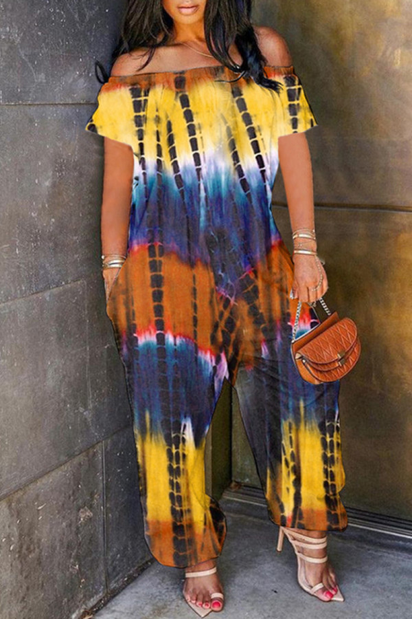 Yellow Fashion Casual Print Tie Dye Backless Off the Shoulder Regular Jumpsuits