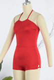 Red Sexy Solid Patchwork Halter Skinny Rompers