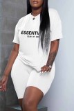 White Casual Print Letter O Neck Short Sleeve Two Pieces