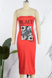 Red Sexy Print Patchwork Strapless Printed Dress Dresses
