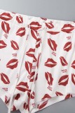 Black Sexy Casual Lips Printed Basic U Neck Plus Size Two Pieces