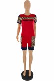Red Casual Print Leopard Patchwork Letter O Neck Short Sleeve Two Pieces