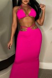 Rose Red Sexy Patchwork Bandage Hollowed Out Backless Halter Sleeveless Two Pieces