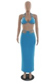 Blue Sexy Patchwork Bandage Hollowed Out Backless Halter Sleeveless Two Pieces