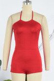 Red Sexy Solid Patchwork Halter Skinny Rompers