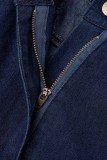 Blue Casual Solid Ripped Patchwork Turndown Collar Sleeveless Regular Denim Jumpsuits