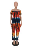 Yellow Fashion Casual Print Tie Dye Backless Off the Shoulder Regular Jumpsuits