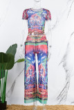 Blue Casual Print Frenulum Slit O Neck Short Sleeve Two Pieces