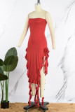 Red Sexy Solid Patchwork Asymmetrical Stringy Selvedge Strapless Irregular Dress Dresses