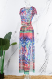 Blue Casual Print Frenulum Slit O Neck Short Sleeve Two Pieces