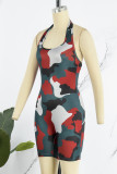 Red Sexy Camouflage Print Backless Halter Skinny Rompers