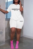 White Casual Print Letter O Neck Short Sleeve Two Pieces