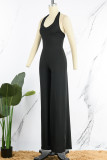 Black Sexy Casual Solid Backless Halter Regular Jumpsuits