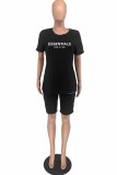 White Casual Print Letter O Neck Short Sleeve Two Pieces