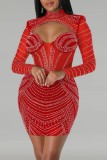 Pink Sexy Patchwork Hot Drilling Hollowed Out See-through Half A Turtleneck Long Sleeve Dresses