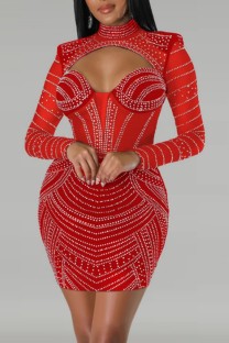 Red Sexy Patchwork Hot Drilling Hollowed Out See-through Half A Turtleneck Long Sleeve Dresses