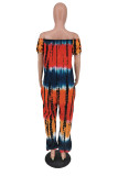 Yellow Fashion Casual Print Tie Dye Backless Off the Shoulder Regular Jumpsuits