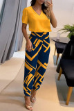 Blue Casual Print Patchwork V Neck Short Sleeve Two Pieces
