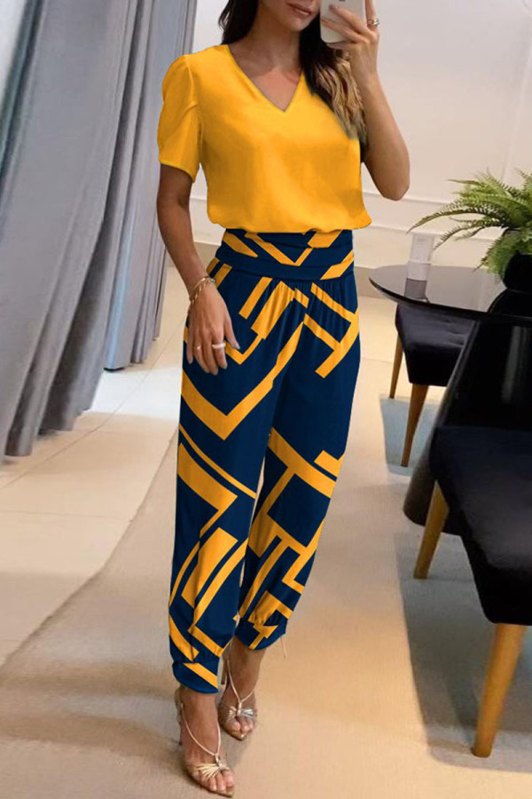 Yellow Casual Print Patchwork V Neck Short Sleeve Two Pieces
