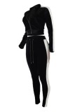Black Casual Solid Patchwork Contrast Zipper Collar Long Sleeve Two Pieces