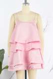 Pink Sweet Solid Patchwork Spaghetti Strap Cake Skirt Dresses