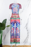 Blue Casual Print Frenulum Slit O Neck Short Sleeve Two Pieces