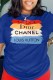Blue Casual Print Letter O Neck T-Shirts